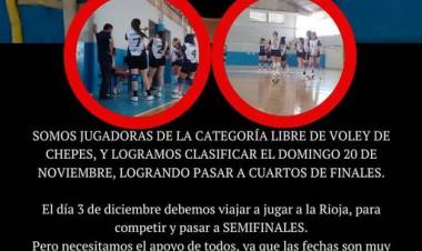 Equipo de voley departamental solicita colaboración para participar de instancia provincial.