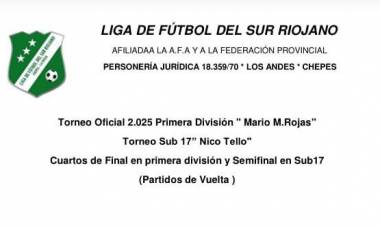 Liga Futbol del Sur Riojano: programación de partidos (vuelta) Sub-17 y Primera División