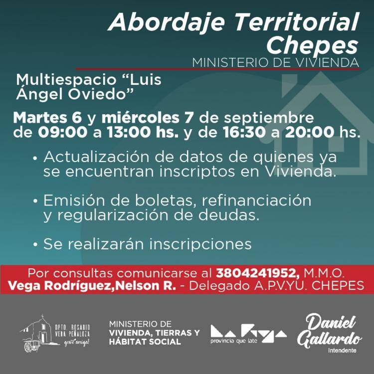 Chepes: Abordaje territorial del Instituto de Vivienda para este 6 y 7 de septiembre.