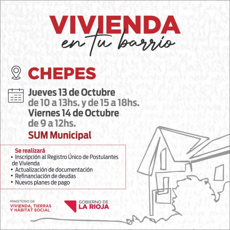 Chepes: Personal del Ministerio de Viviendas, Tierra y Hábitat Social atenderá este jueves y viernes.