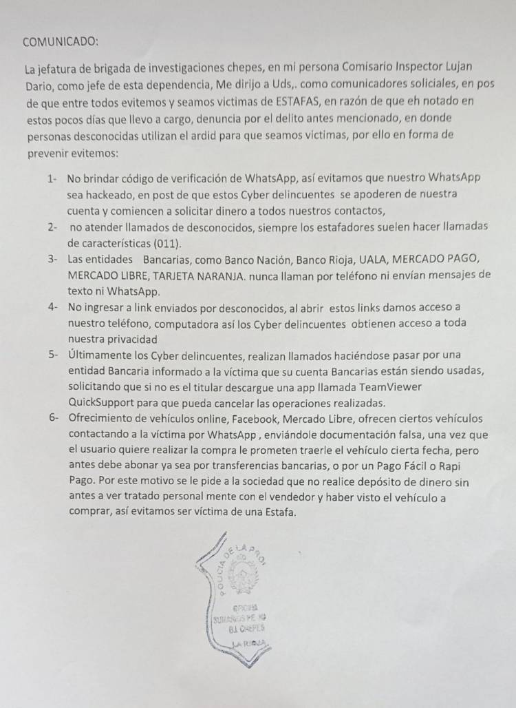 Chepes: jefe de Investigaciones brindó recomendaciones para evitar estafas virtuales