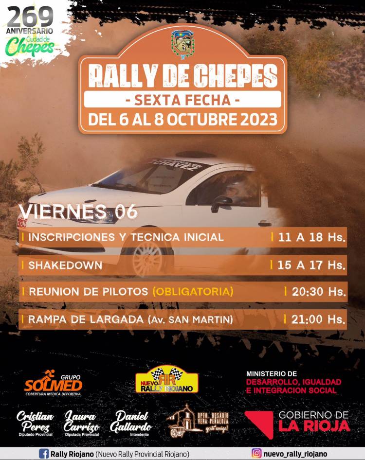 Chepes: Se viene la 6º fecha del Rally de Chepes entre el 6 y el 8 de octubre.