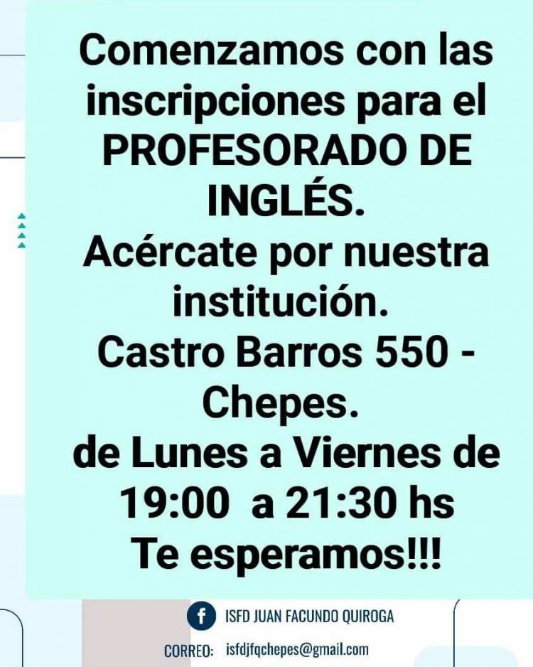 Inscripciones abiertas para el profesorado de ingles en el ISFD Juan Facundo Quiroga