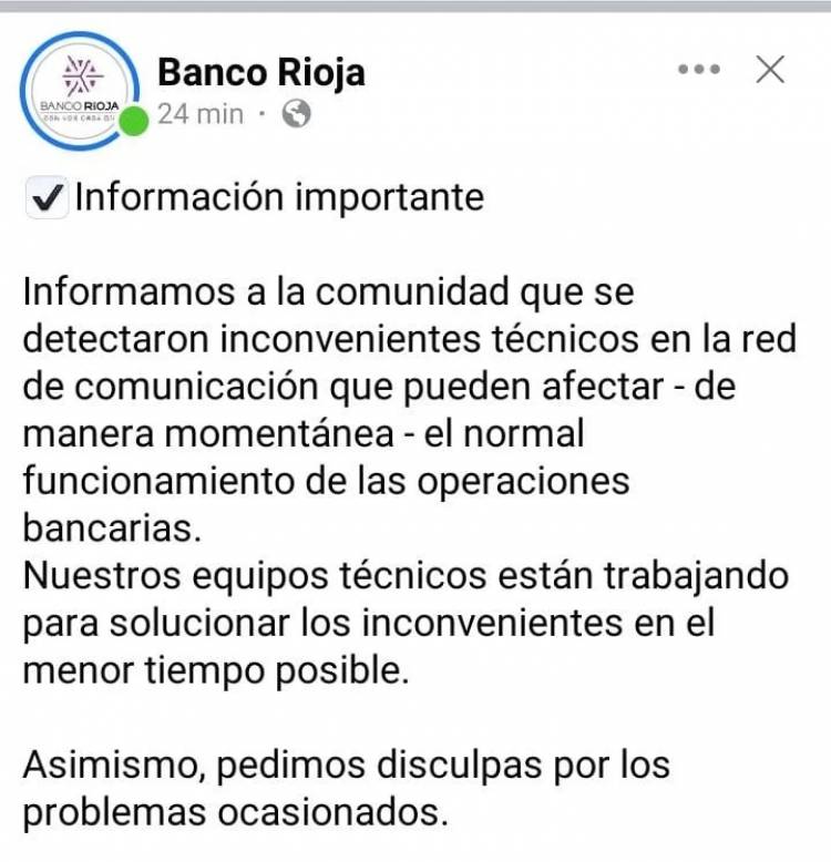 Se cayó una vez más el servicio del Banco Rioja y a algunos clientes les aparecieron sus cuentas sin dinero