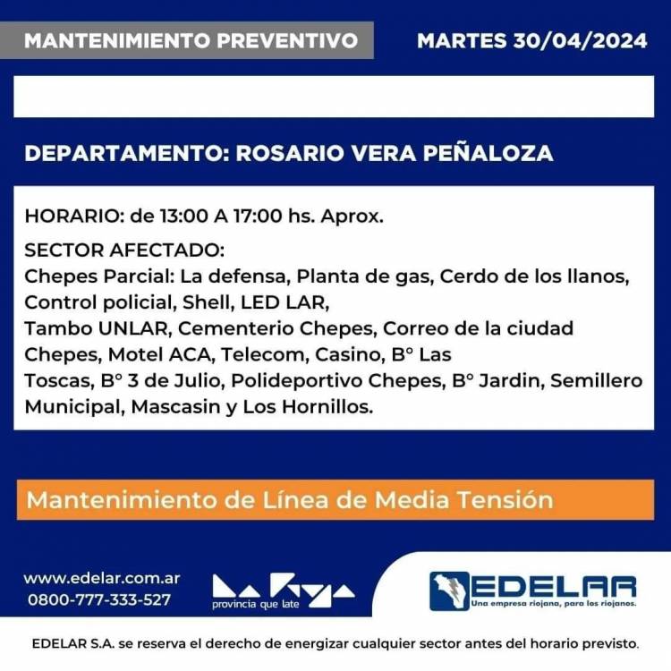 Atención: La Empresa EDELAR informa cortes de energía en Chepes, Villa Casana y La Calera