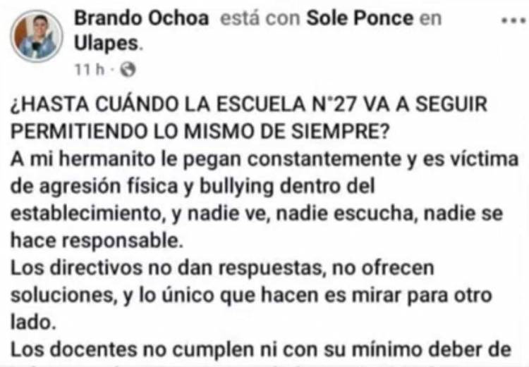 Ulapes: Grave denuncia de bullying en la Escuela 27