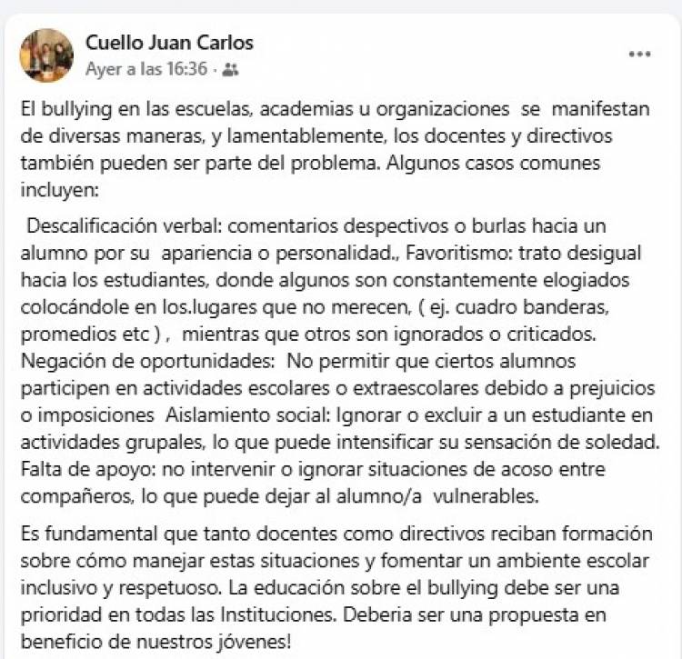 Chepes: Profesor de escuela técnica hace reflexión sobre el bullying y el destrato hacia los alumnos
