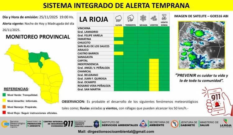 Difunden alerta amarilla por lluvias, tormentas y vientos en gran parte de La Rioja para este martes y miércoles