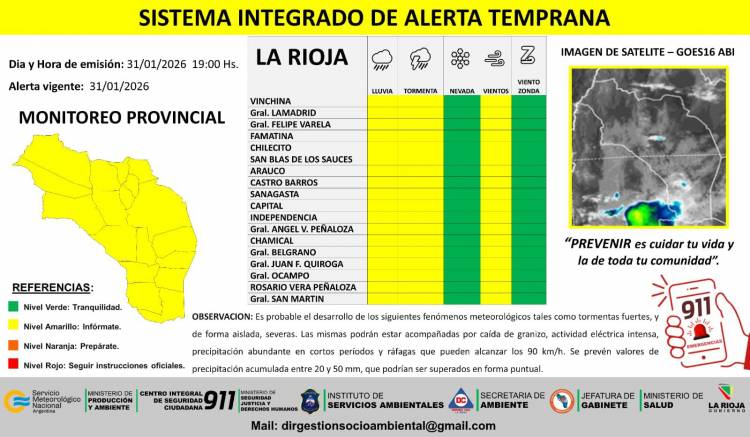 Alerta Amarilla por lluvias, tormentas y viento para toda la provincia de La Rioja