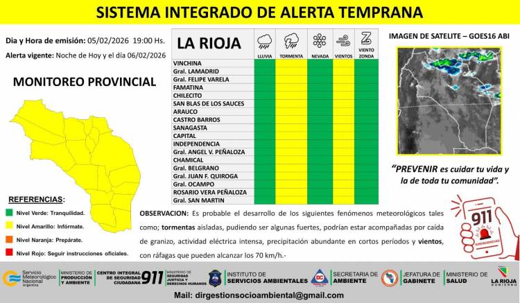 Difunden alerta preventiva por tormentas y vientos en toda la provincia