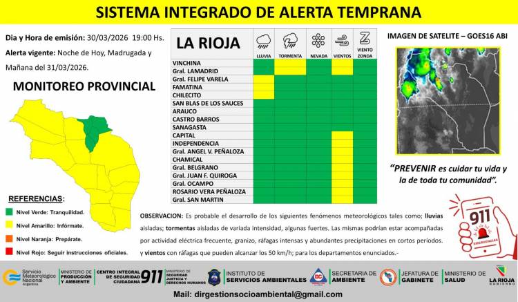 Alerta preventiva por lluvias aisladas, tormentas y vientos para la noche de hoy, madrugada y mañana, del 31/03.