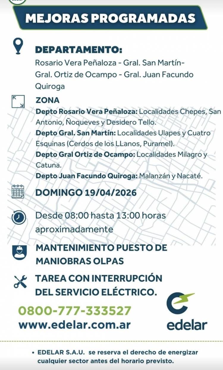 Anuncian corte programado de energía para el domingo en la región