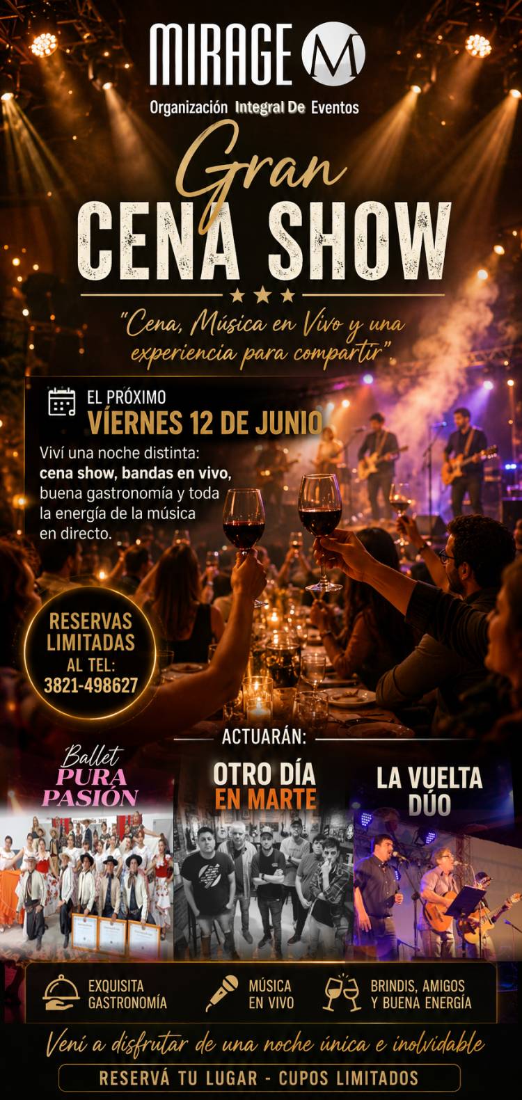 Gran Cena Show en Mirage Eventos el viernes 12 de junio con importantes artistas