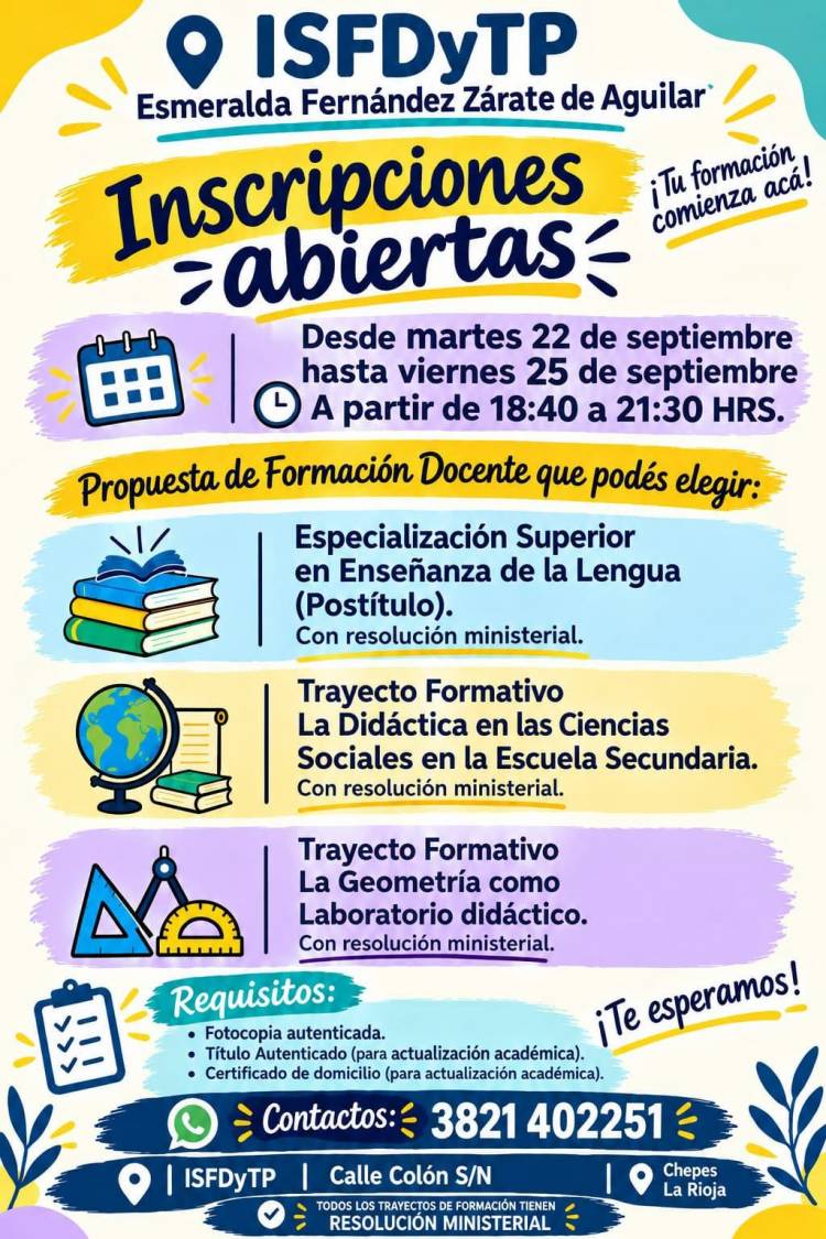 El ISFDyTP Esmeralda Fernández Zárate de Aguilar abrió las inscripciones para nuevas propuestas de formación docente