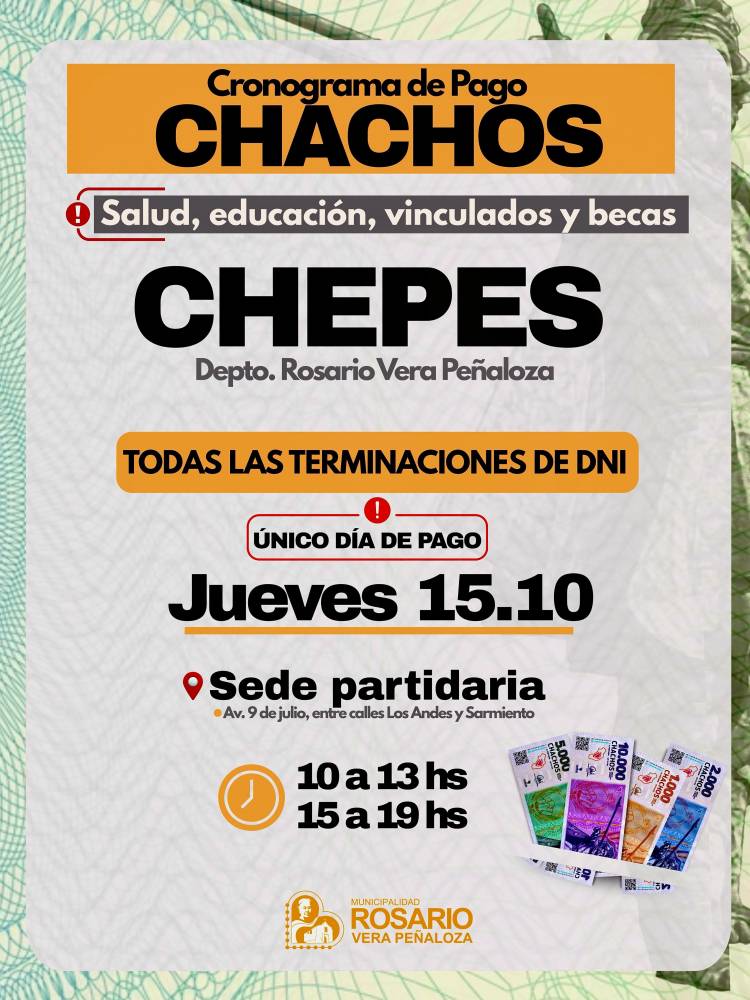 Chachos: dieron a conocer las fechas y horarios de pago en Chepes y Desiderio Tello