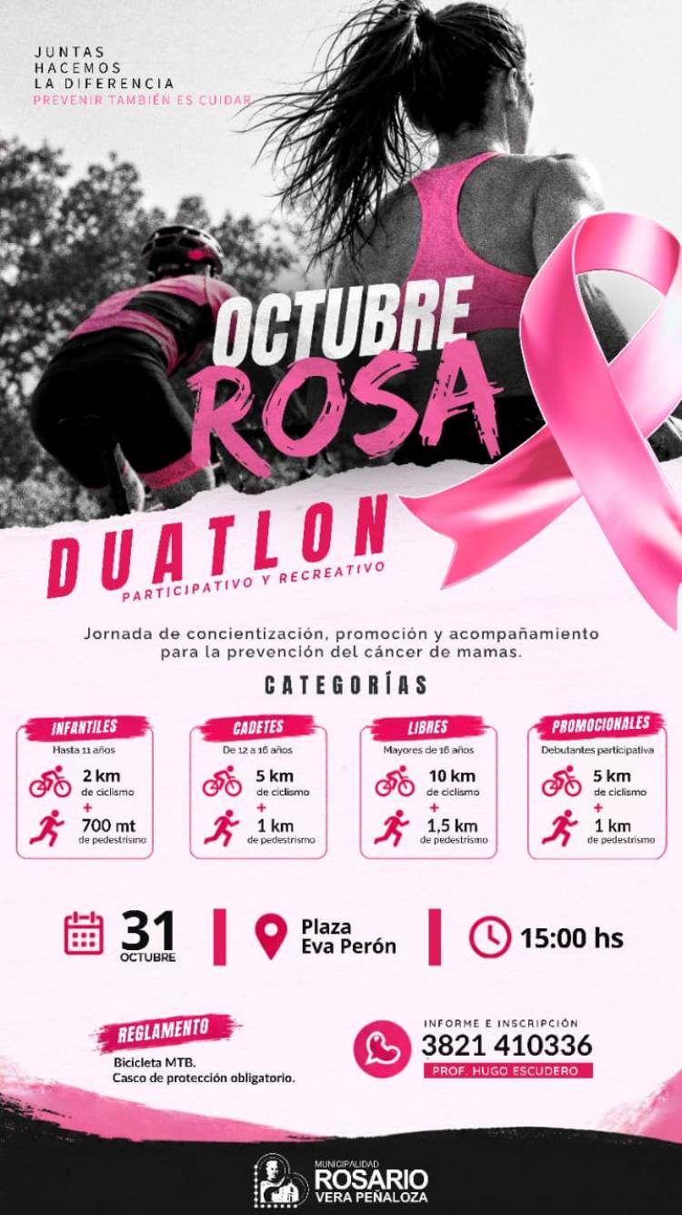 Octubre Rosa: invitan a participar de un duatlón recreativo en Plaza Eva Perón